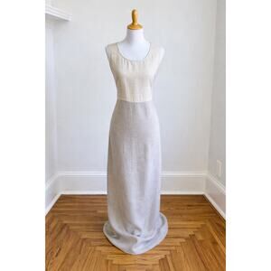 Vintage 90s Carol Anderson Linen Maxi Dress L Beige Gingham Cottagecore USA